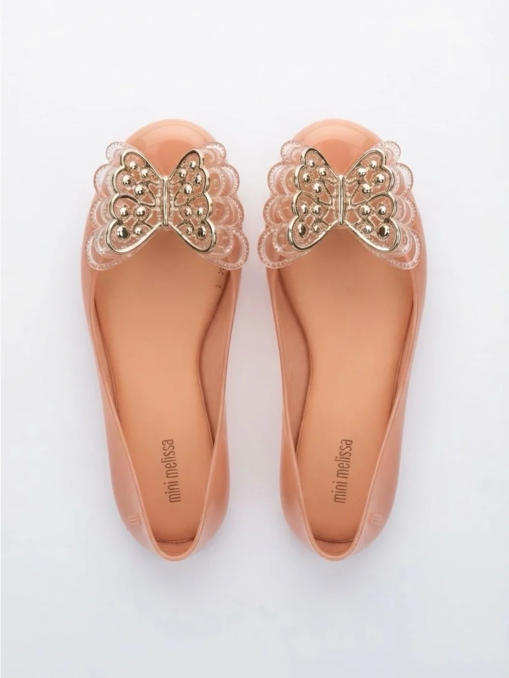 Mini Melissa Jelly Flats Shoes Pink Peach Gold Butterfly Bow Youth Size 3